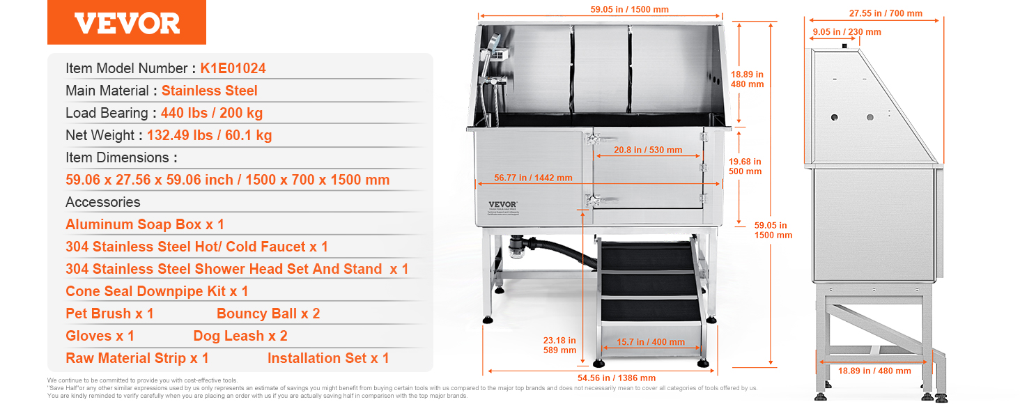 VEVOR dog grooming tub with dimensions, stainless steel material, and various accessories displayed.