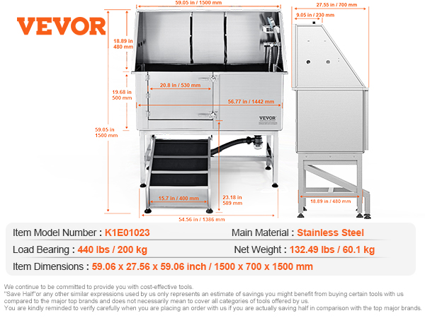 VEVOR dog grooming tub features stainless steel design, accessories, and dimensions for pet care.