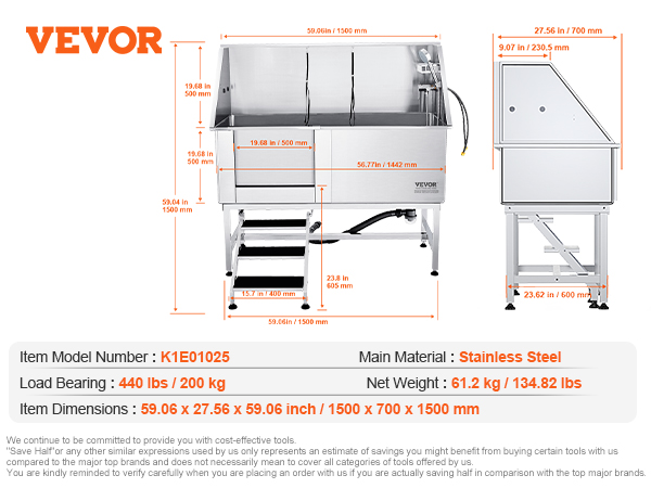 VEVOR dog grooming tub, stainless steel, 1500x700x1500mm, 440 lbs capacity, includes faucet, shower, pet brush.
