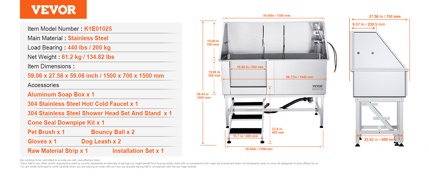 VEVOR dog grooming tub, stainless steel, 1500x700x1500mm, 440 lbs capacity, includes faucet, shower, pet brush.
