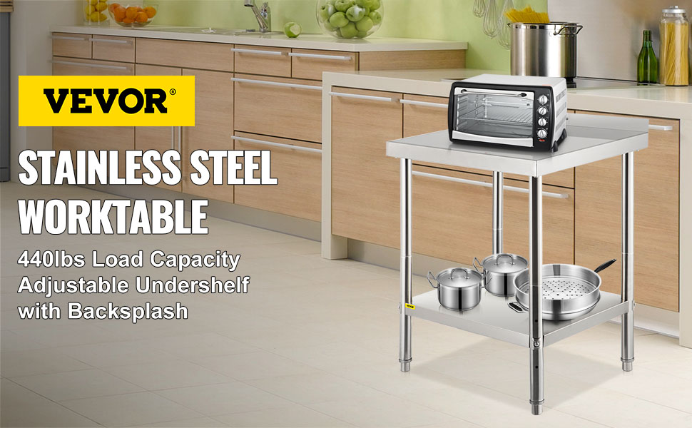 VEVOR stainless steel prep table with adjustable undershelf in a modern kitchen.