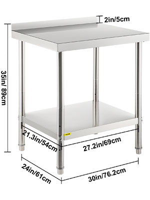 VEVOR stainless steel prep table with dimensions labeled. two-tier, 35in tall.