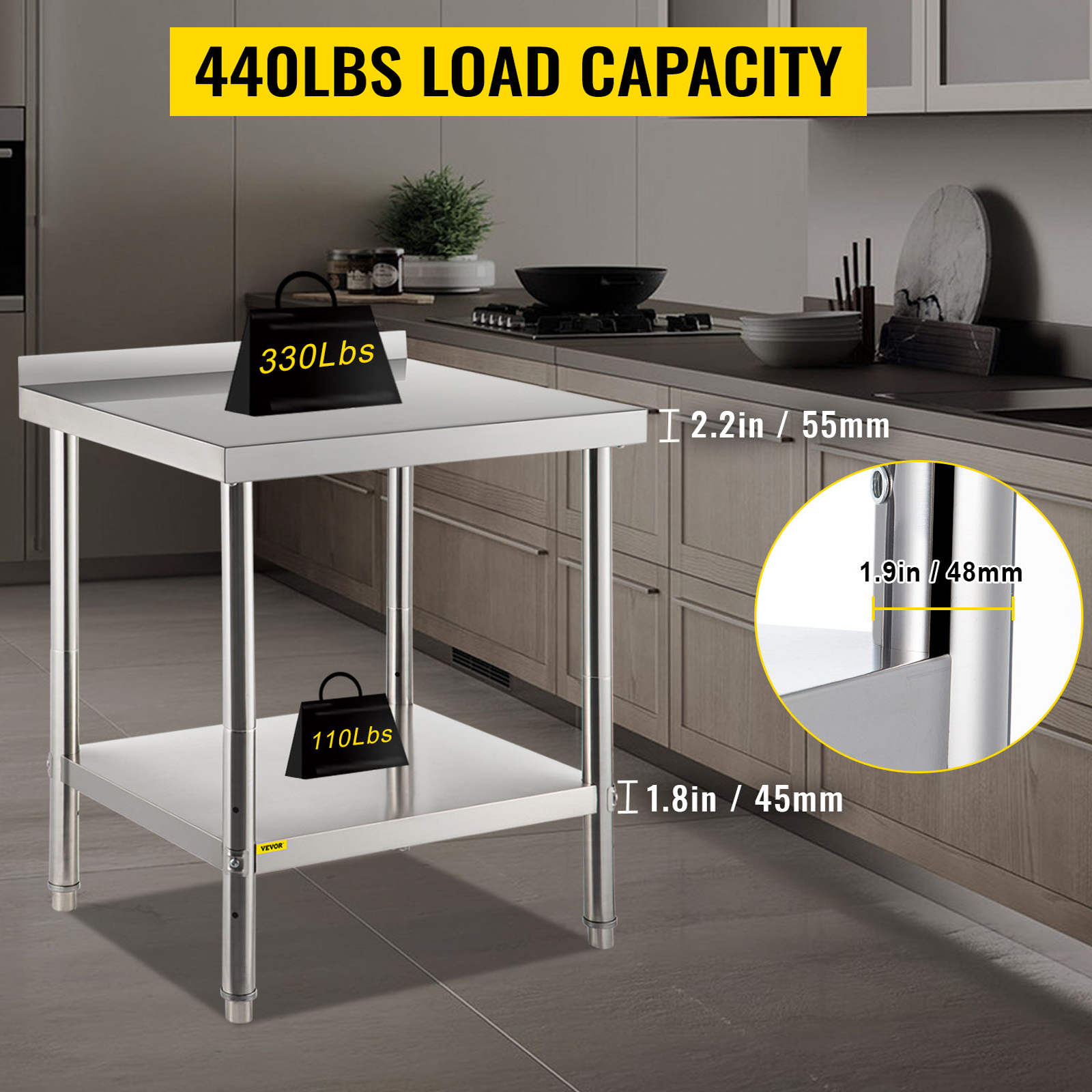 VEVOR stainless steel prep table in kitchen, 440lbs load capacity, two shelves with measurements.