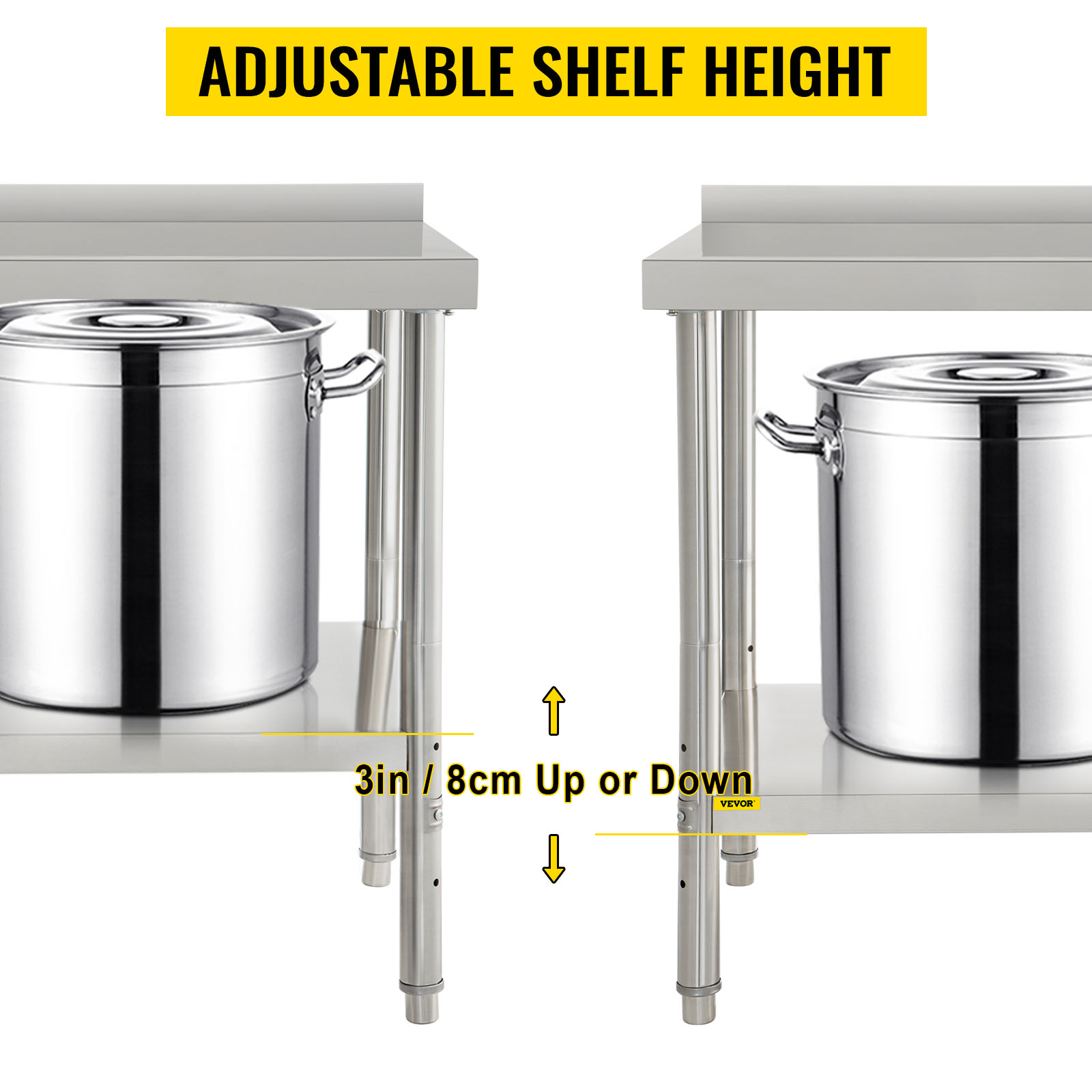 VEVOR stainless steel prep table with adjustable shelf height for large pots.