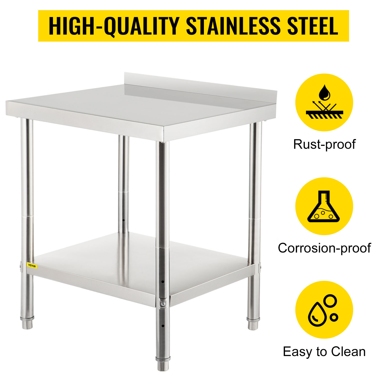 VEVOR stainless steel prep table, rust-proof, corrosion-proof, and easy to clean.