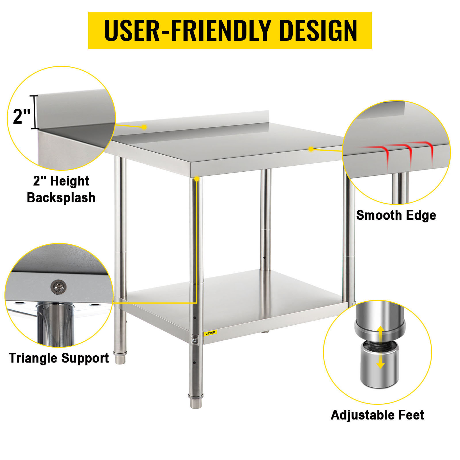 VEVOR stainless steel prep table with 2" backsplash, smooth edges, and adjustable feet.