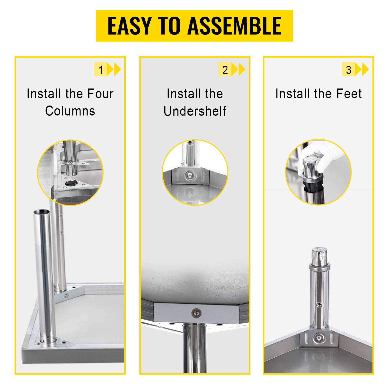 easy to assemble VEVOR stainless steel prep table: install columns, undershelf, and feet.
