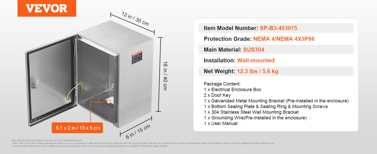 VEVOR elektriskā korpusa kaste sus304, nema 4/4x/ip66, pie sienas, 16x12x6 collas, 12,3 lbs.