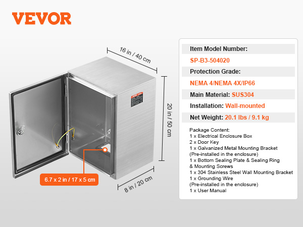 VEVOR steel electrical box, wall-mounted, sus304, nema 4/4x/ip66, 16x8x20 in, 20.1 lbs.