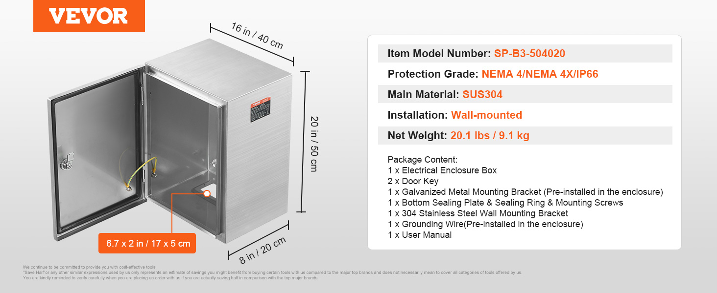 VEVOR steel electrical box, wall-mounted, sus304, nema 4/4x/ip66, 16x8x20 in, 20.1 lbs.