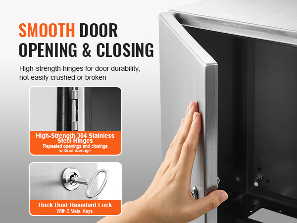 VEVOR steel electrical box with smooth door opening, high-strength hinges, and thick dust-resistant lock.