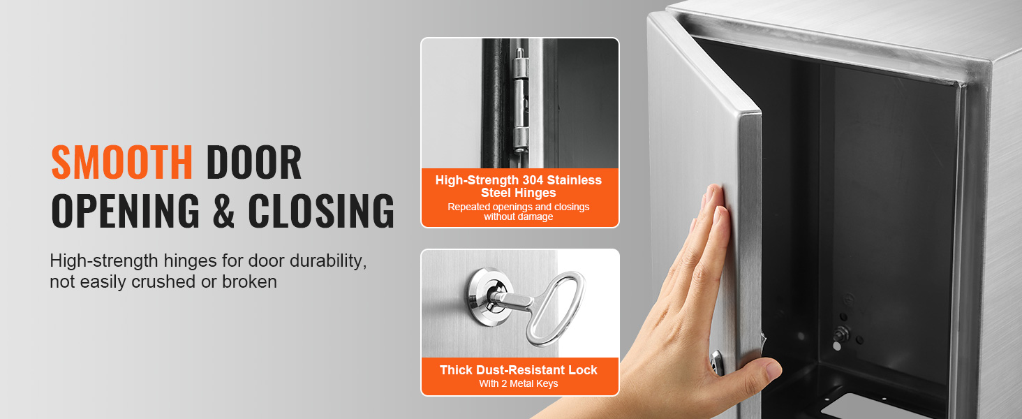 VEVOR steel electrical box with smooth door opening, high-strength hinges, and thick dust-resistant lock.