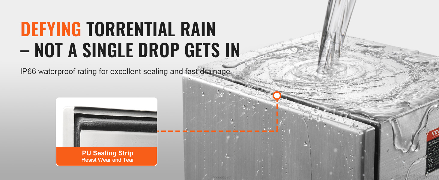 VEVOR steel electrical box with ip66 waterproof rating and pu sealing strip defying heavy rain.