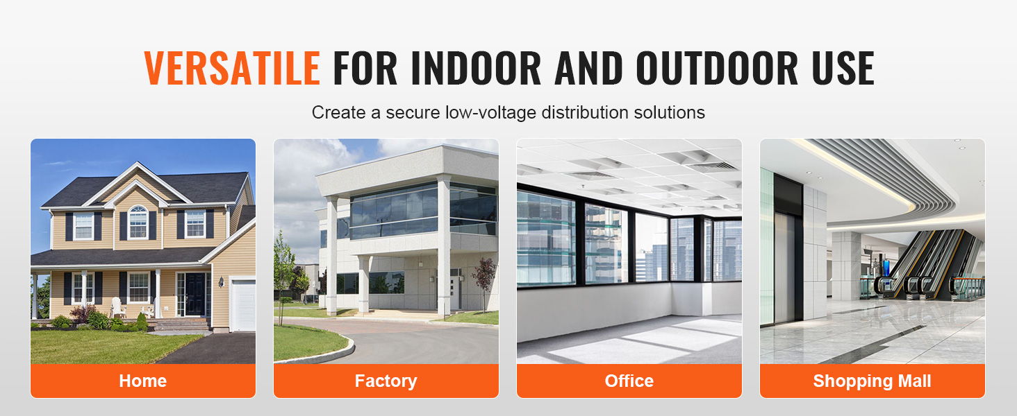 VEVOR steel electrical box: versatile for indoor and outdoor use in homes, factories, offices, and shopping malls.