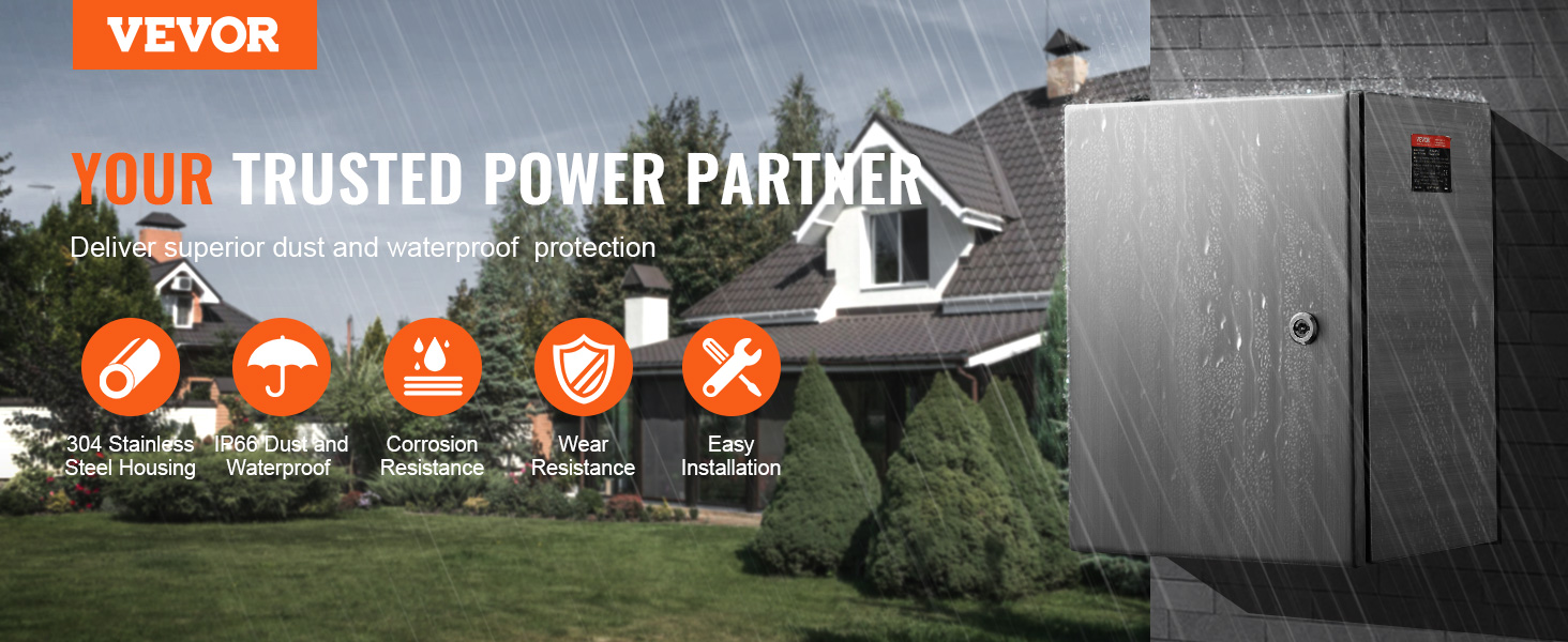 VEVOR steel electrical enclosure in rain showcasing ip66 dust and waterproof, corrosion, and wear resistance.