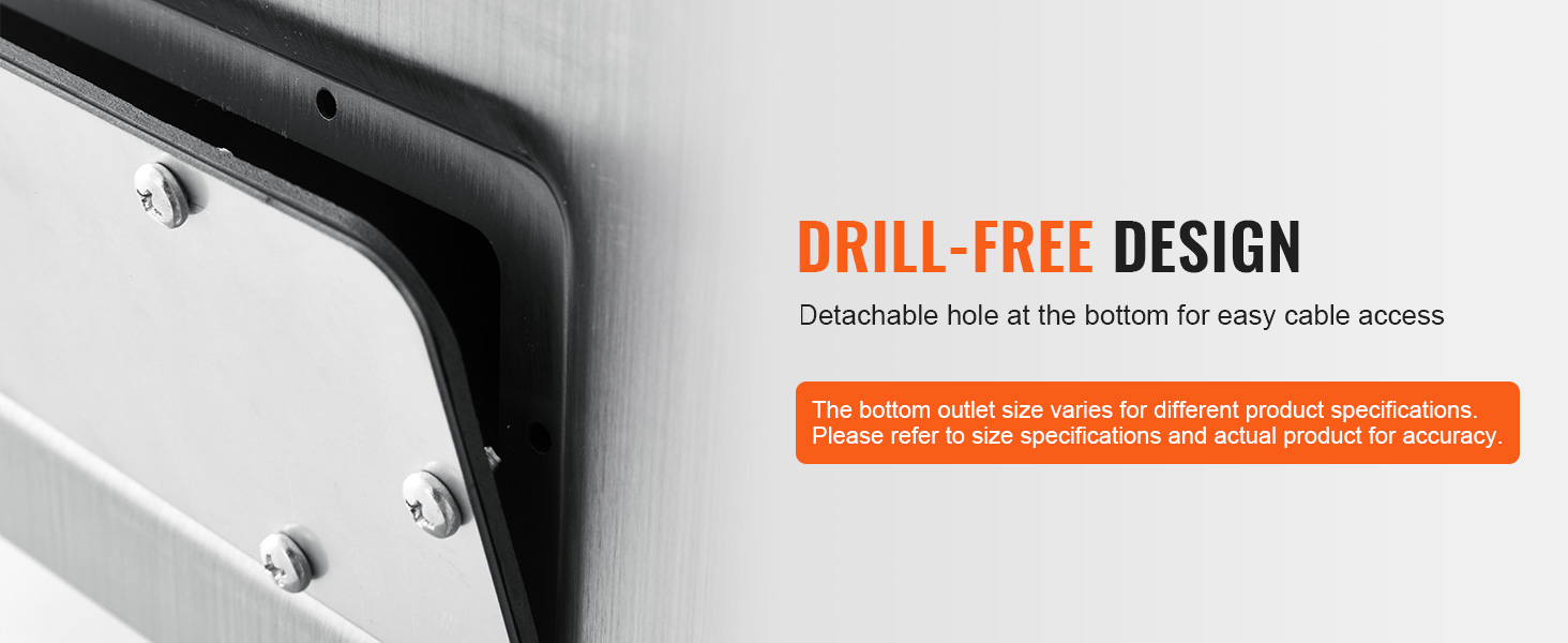 drill-free design with detachable hole at the bottom of VEVOR steel electrical enclosure for easy cable access.