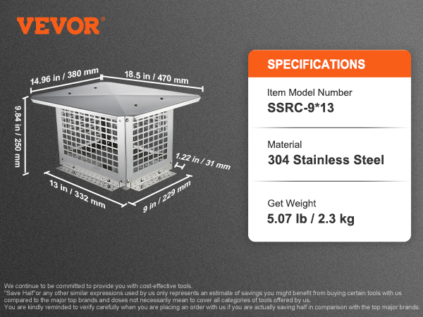 VEVOR chimney cap, 304 stainless steel, model ssrc-9*13, dimensions and weight shown.