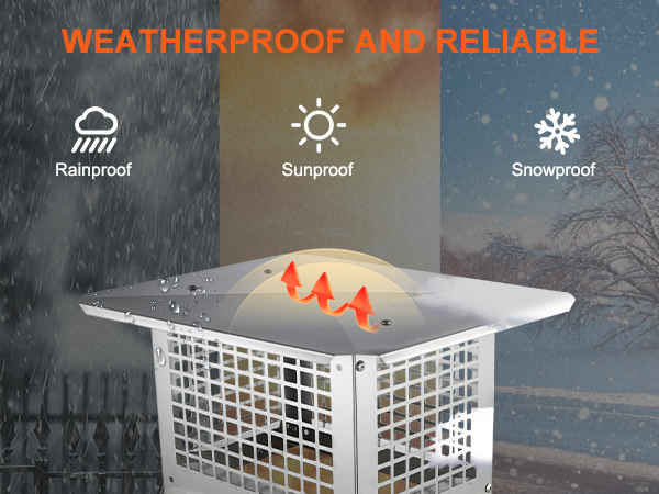 VEVOR chimney cap, weatherproof, rainproof, sunproof, snowproof; durable steel mesh structure.