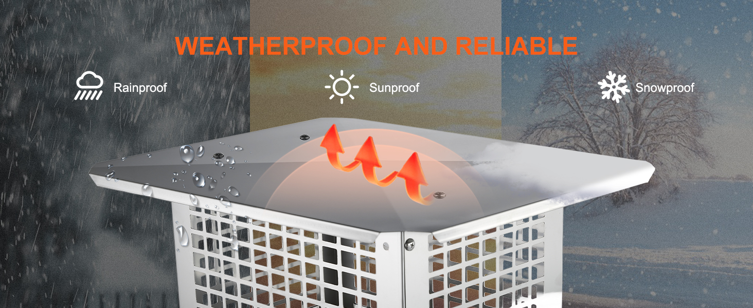 VEVOR chimney cap, weatherproof, rainproof, sunproof, snowproof; durable steel mesh structure.