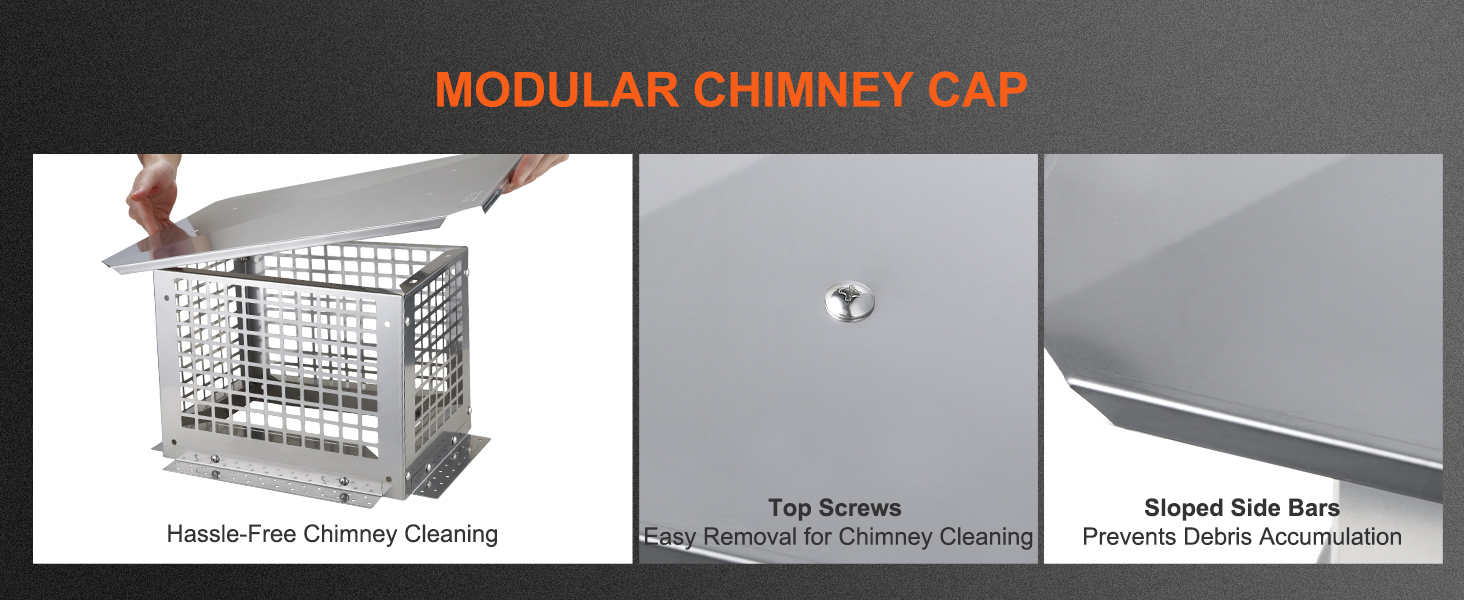 VEVOR chimney cap features hassle-free cleaning, top screws for easy removal, and sloped side bars.