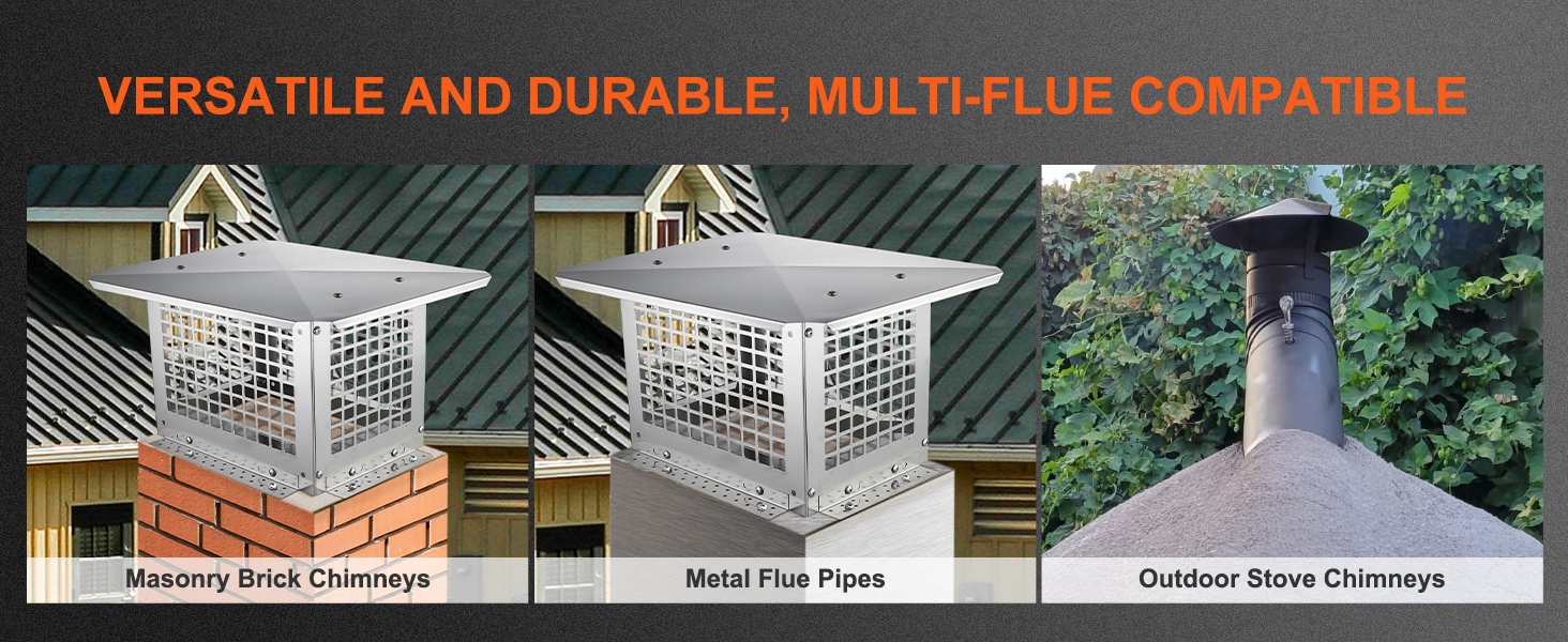 VEVOR chimney cap for masonry brick chimneys, metal flue pipes, and outdoor stove chimneys.