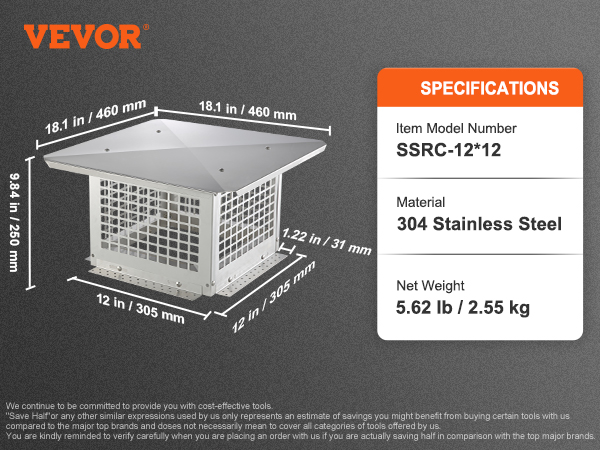 VEVOR chimney cap, 304 stainless steel, 18.1x18.1x9.84 inches, 5.62 lb, model ssrc-12*12.