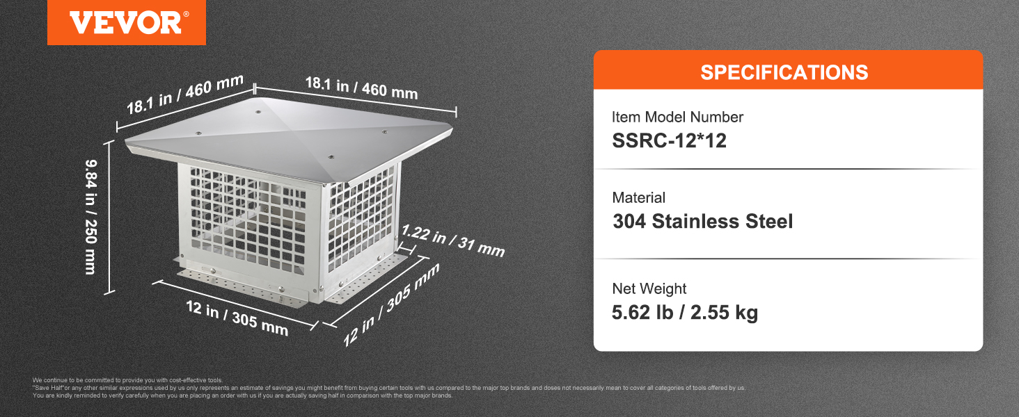 VEVOR chimney cap, 304 stainless steel, 18.1x18.1x9.84 inches, 5.62 lb, model ssrc-12*12.