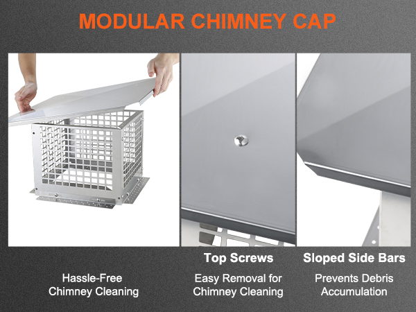 VEVOR chimney cap with hassle-free cleaning, top screws, and sloped side bars for preventing debris.