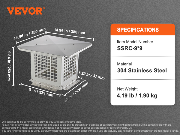 VEVOR chimney cap, 14.96x14.96 inches, 304 stainless steel, model ssrc-9*9, 4.19 lb, dimension details.