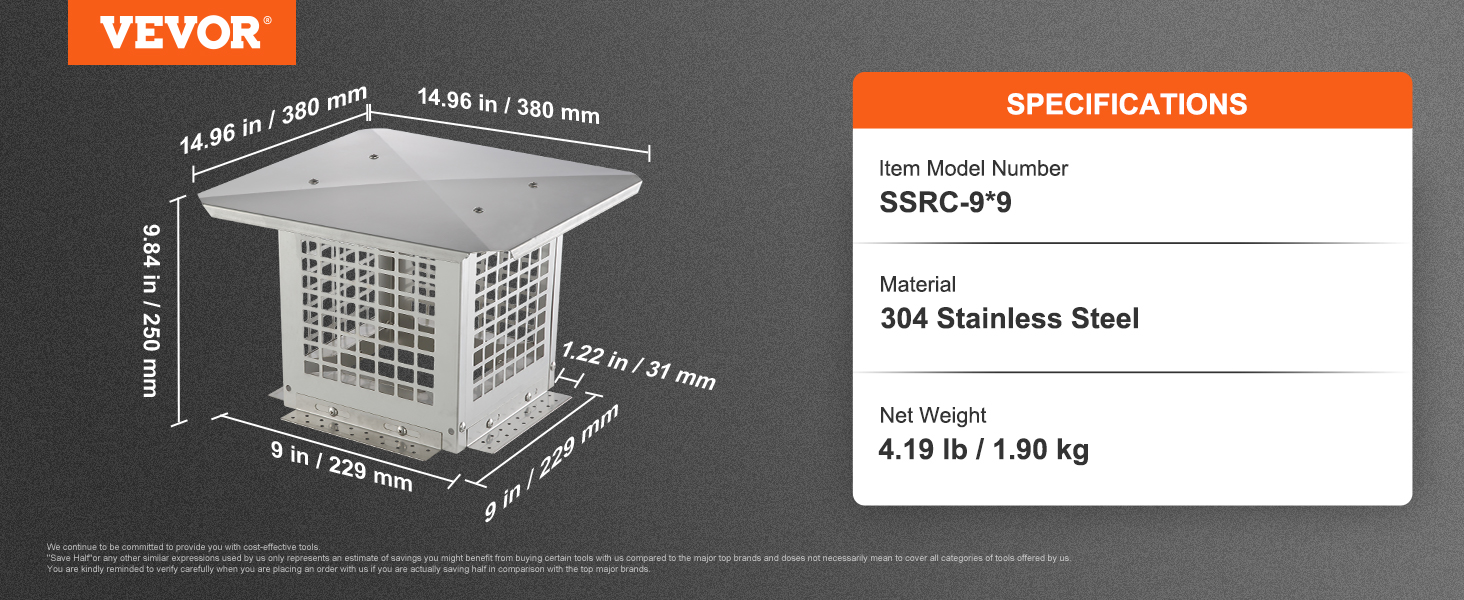 VEVOR chimney cap, 14.96x14.96 inches, 304 stainless steel, model ssrc-9*9, 4.19 lb, dimension details.