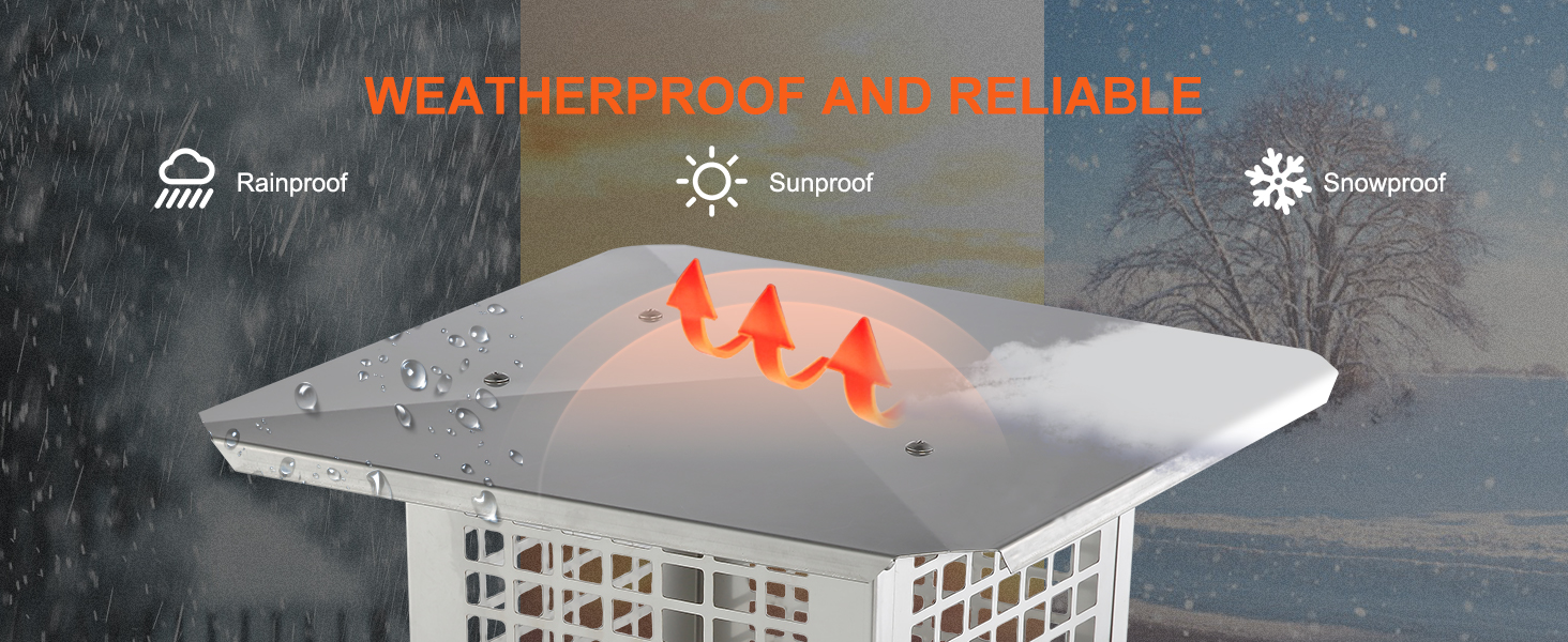 VEVOR chimney cap showing weatherproof features: rainproof, sunproof, and snowproof.