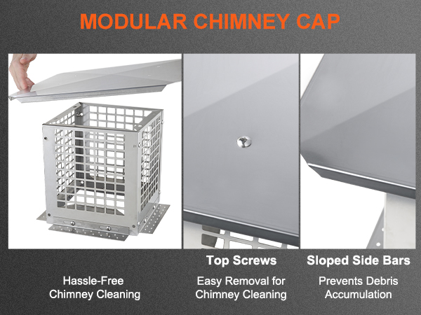 modular chimney cap with hassle-free cleaning, top screws for easy removal, and sloped side bars.