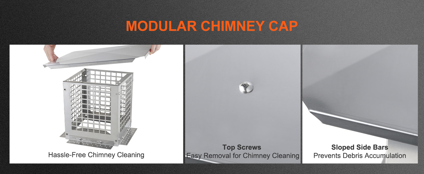 modular chimney cap with hassle-free cleaning, top screws for easy removal, and sloped side bars.