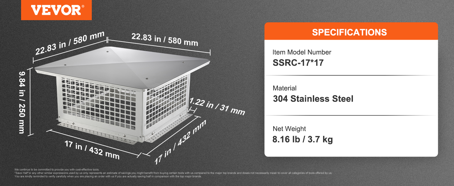 VEVOR chimney cap, 22.83x22.83 in, 304 stainless steel, model ssrc-17*17, 8.16 lb netto.
