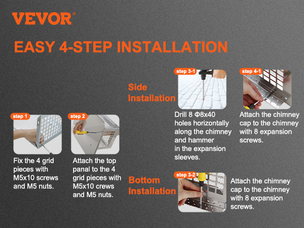 VEVOR chimney cap easy 4-step installation guide with tools and screws depicted.