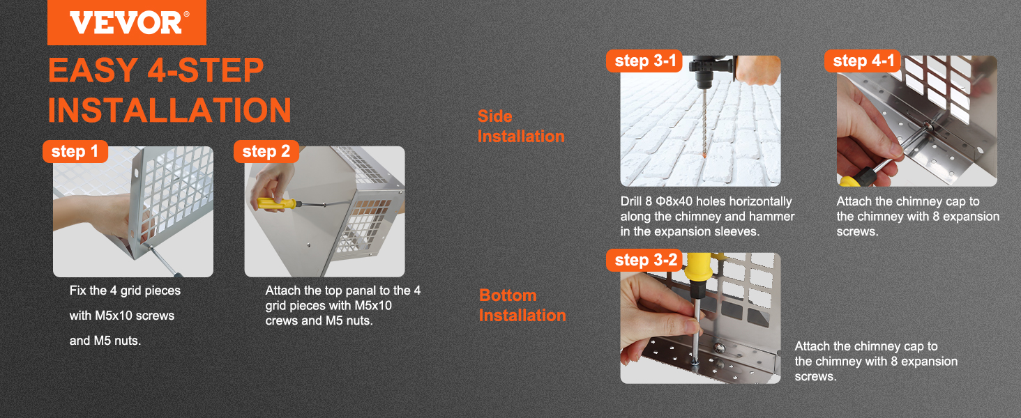 VEVOR chimney cap easy 4-step installation guide with tools and screws depicted.