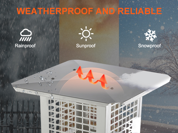 weatherproof and reliable VEVOR chimney cap, showcasing rainproof, sunproof, and snowproof features.