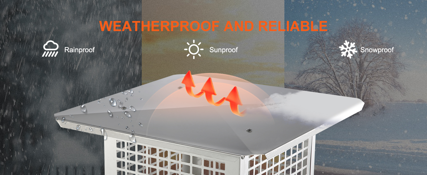 weatherproof and reliable VEVOR chimney cap, showcasing rainproof, sunproof, and snowproof features.