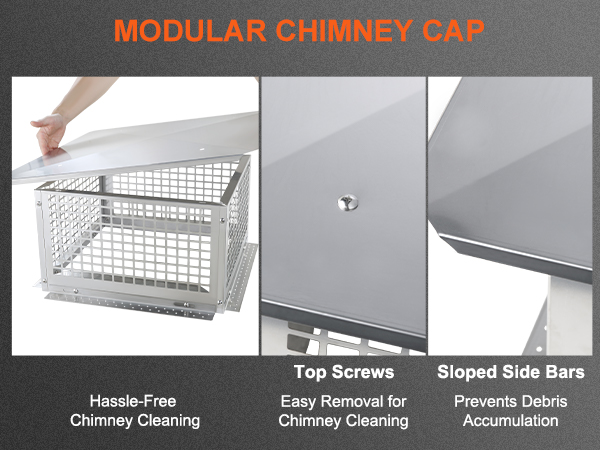 VEVOR chimney cap with hassle-free cleaning, top screws for easy removal, and sloped side bars.