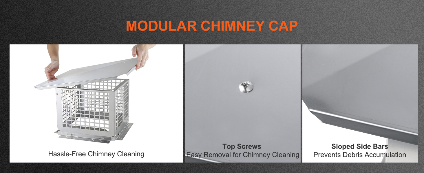 VEVOR chimney cap with hassle-free cleaning, top screws for easy removal, and sloped side bars.