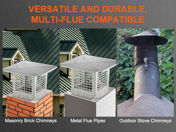 VEVOR chimney cap on brick chimney, metal flue pipe, and outdoor stove chimney.