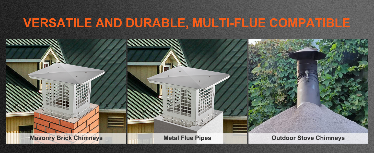 VEVOR chimney cap on brick chimney, metal flue pipe, and outdoor stove chimney.