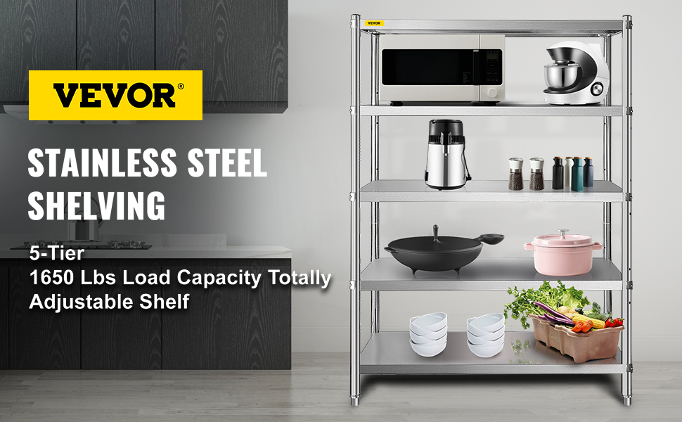 VEVOR stainless steel shelving unit in kitchen with appliances and storage items.