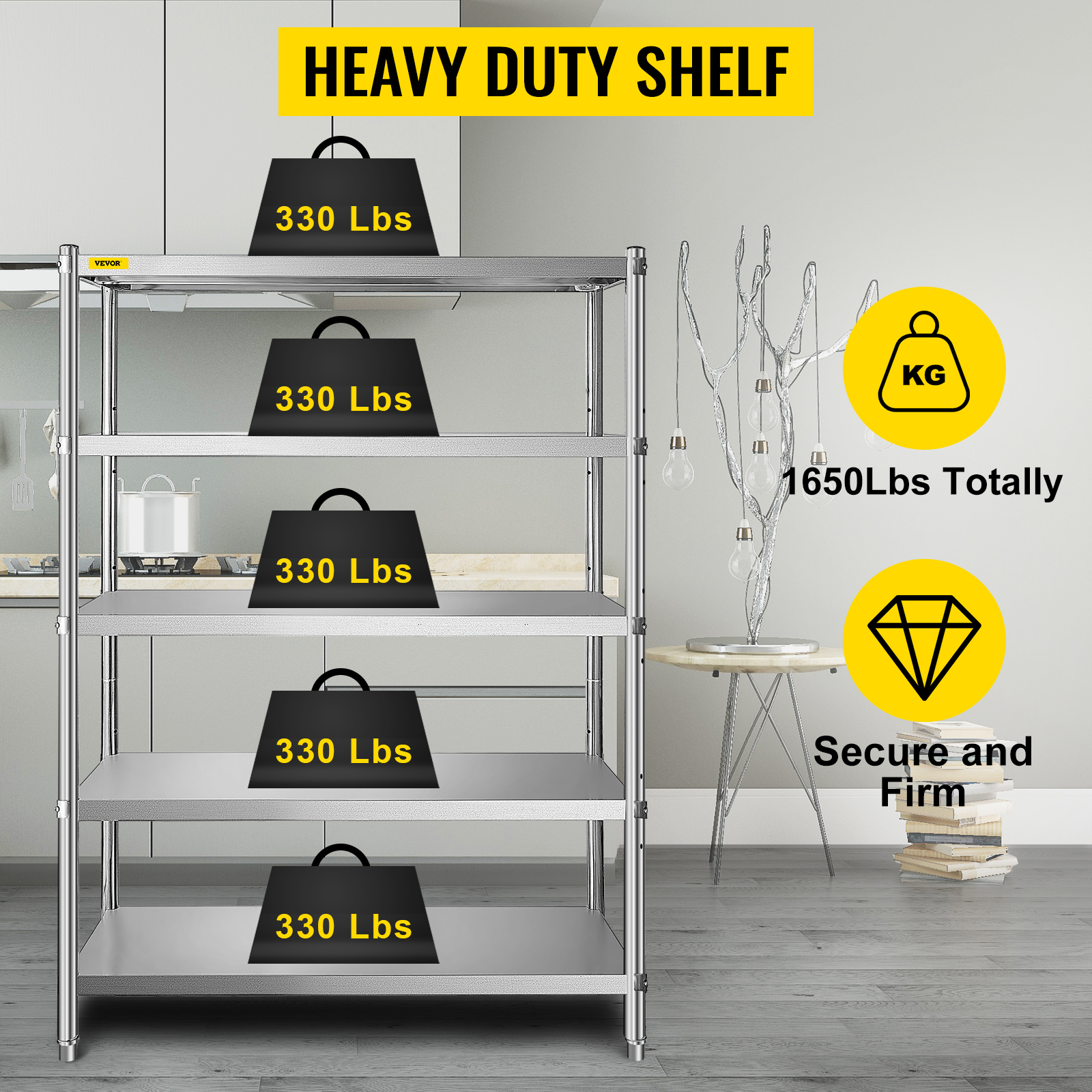 VEVOR stainless steel shelving unit with 330 lbs per shelf, total 1650 lbs capacity.