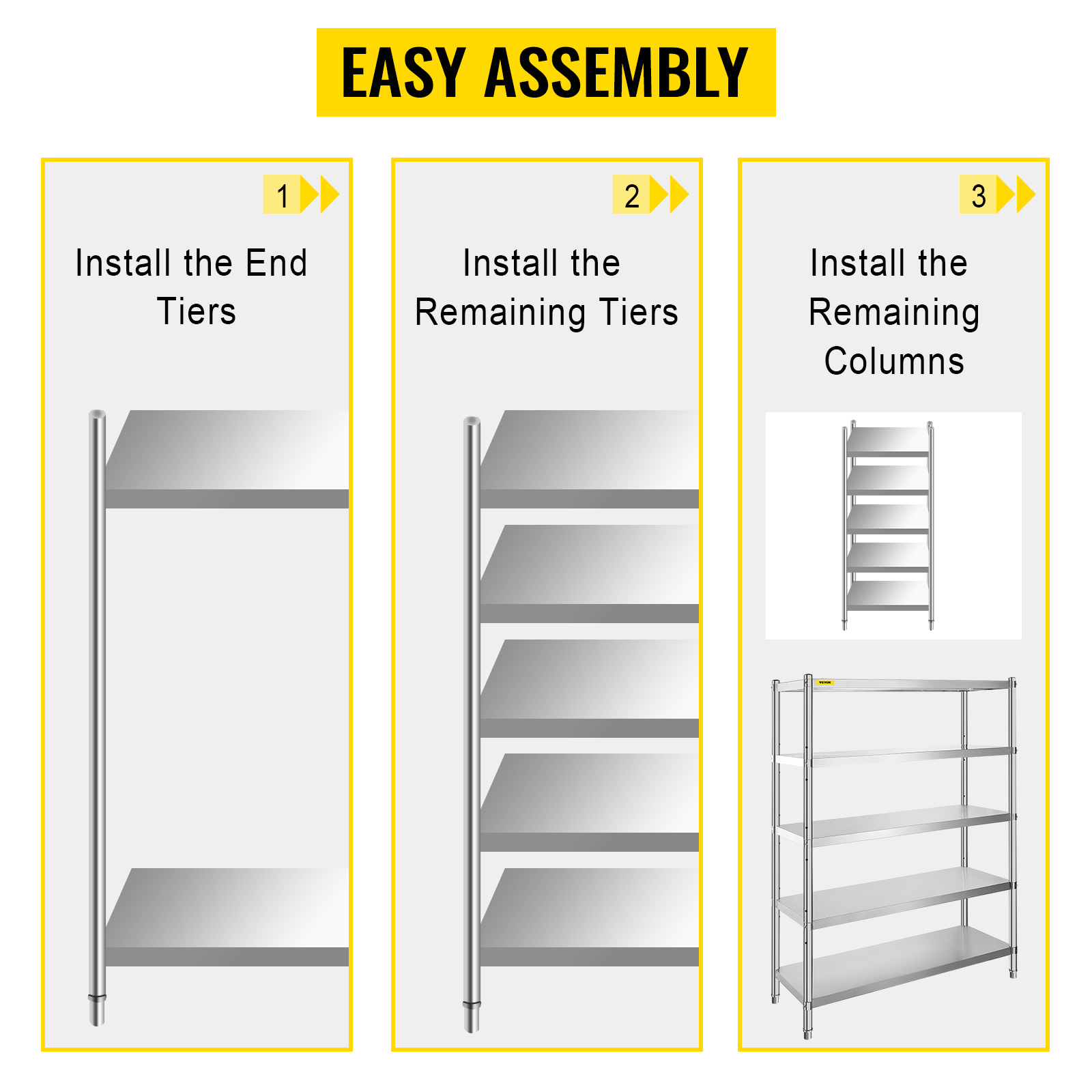 VEVOR stainless steel shelving unit assembly steps: install end tiers, remaining tiers, columns.