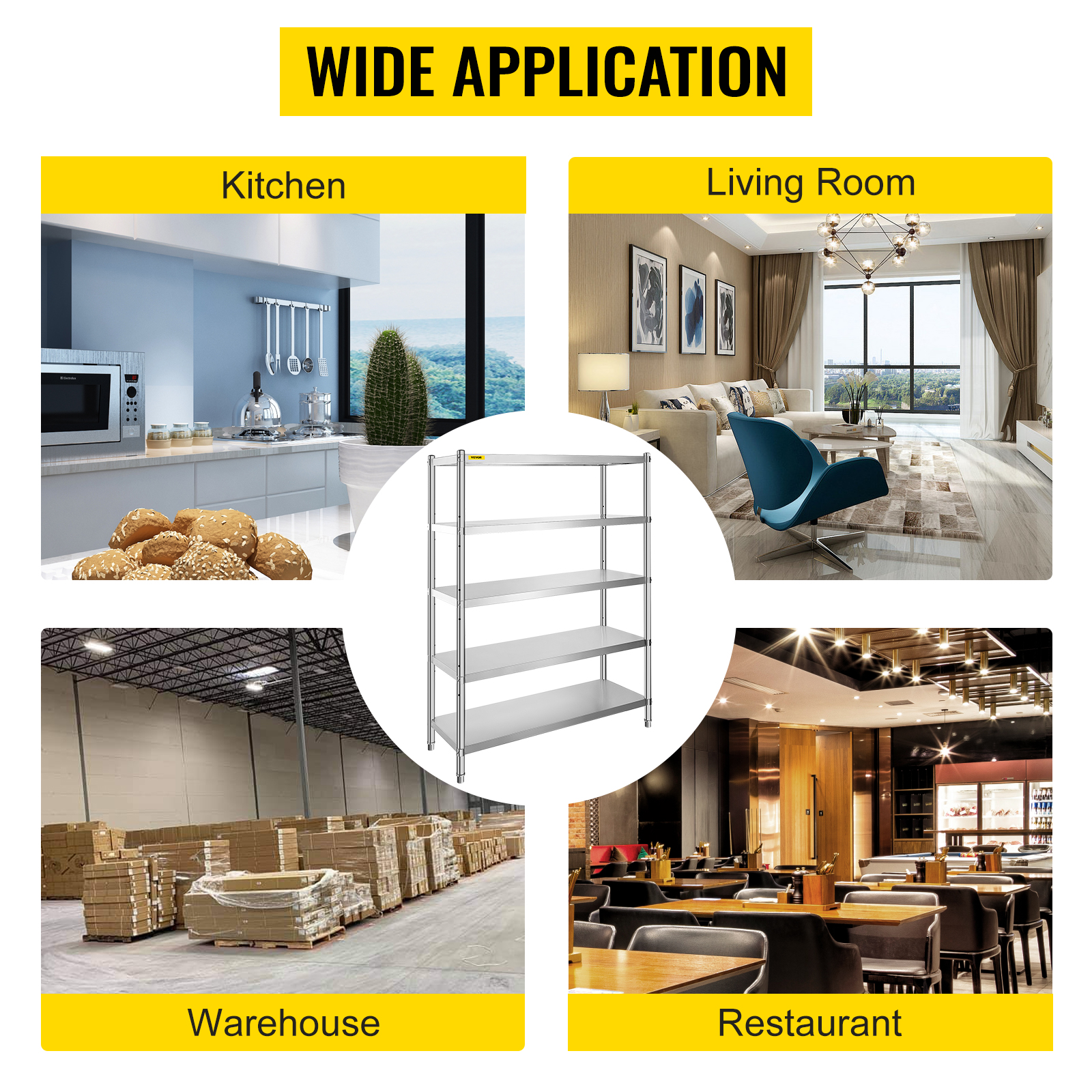 VEVOR stainless steel shelving unit for kitchen, living room, warehouse, and restaurant.