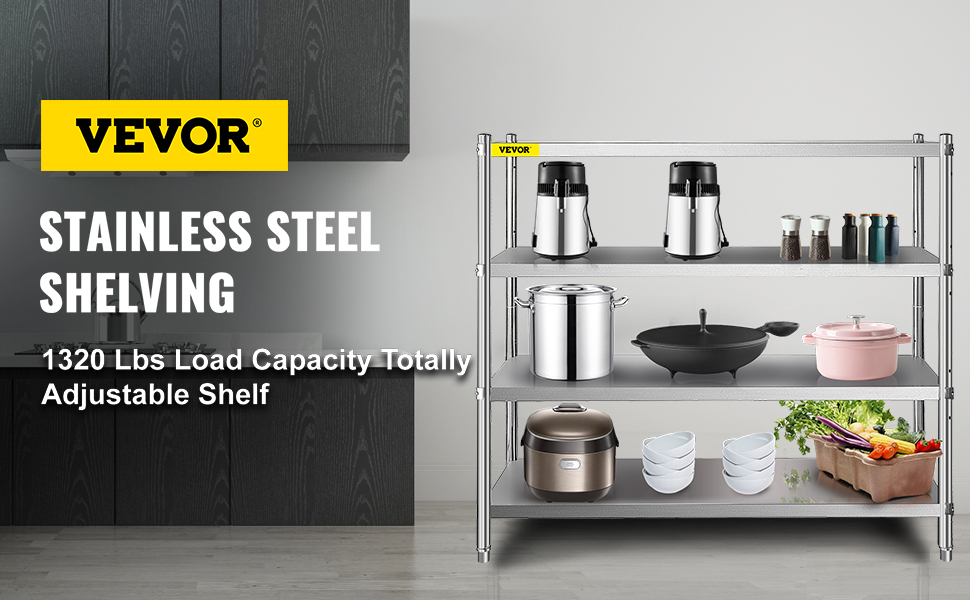 VEVOR storage shelf showcasing kitchen appliances and utensils on stainless steel shelving.