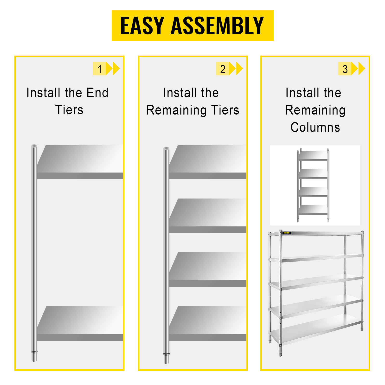 VEVOR storage shelf assembly steps: install end tiers, add remaining tiers, install columns.