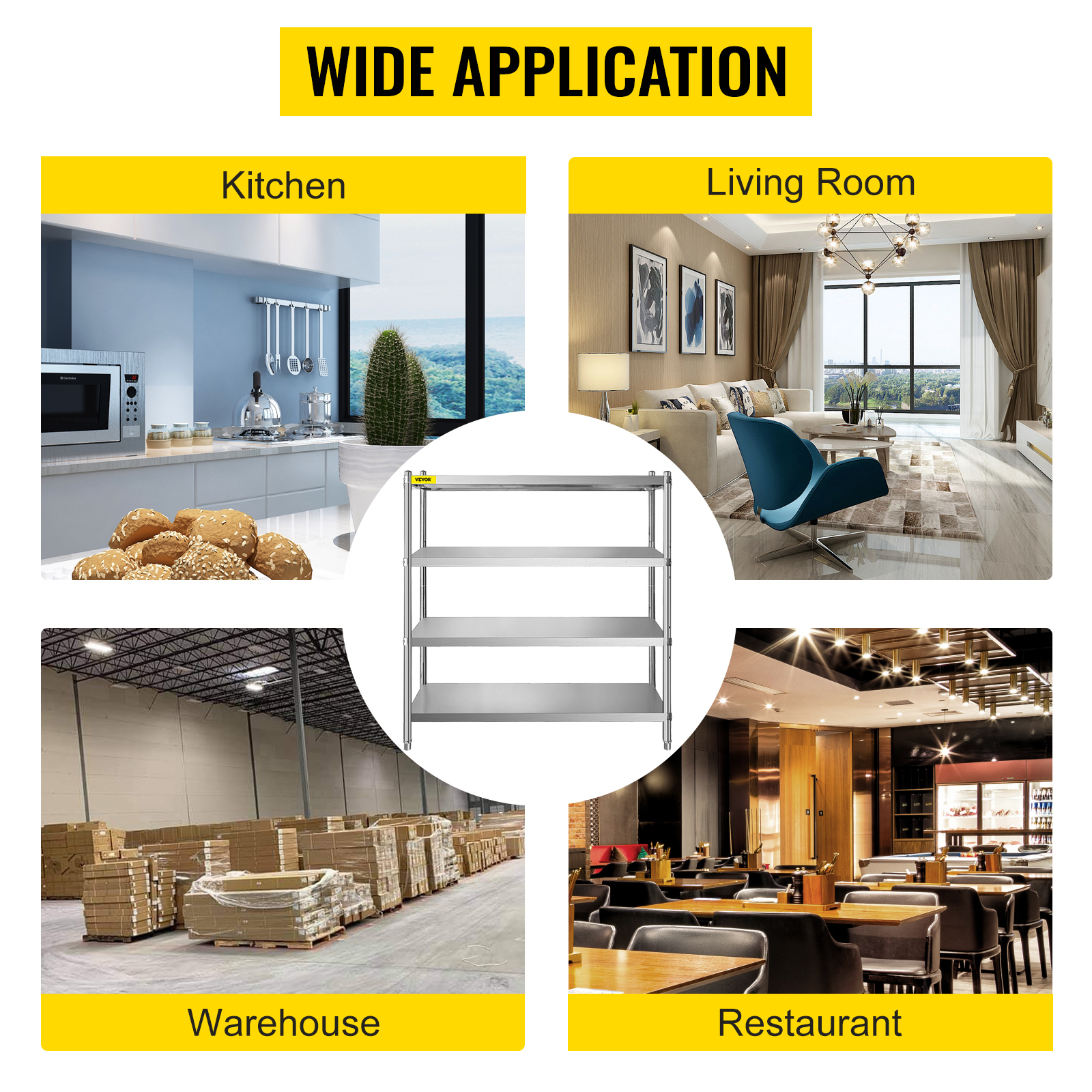 VEVOR storage shelf for kitchen, living room, warehouse, and restaurant storage solutions.