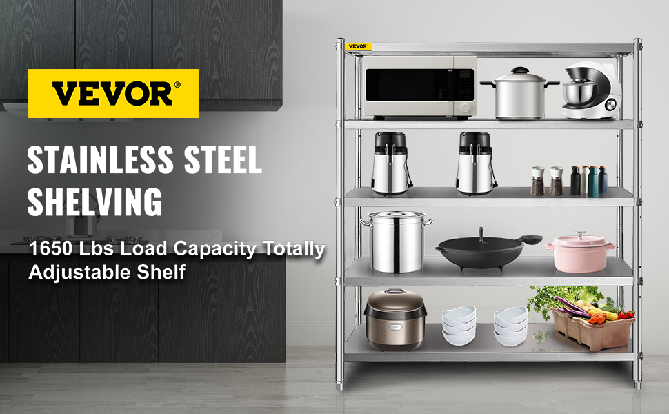 VEVOR storage shelf with stainless steel shelving and 1650 lbs load capacity, fully stocked.